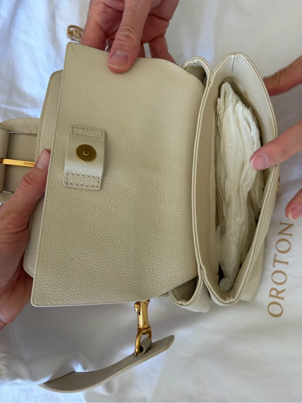 Oroton Neutral Cream Buckle-Front Crossbody Bag